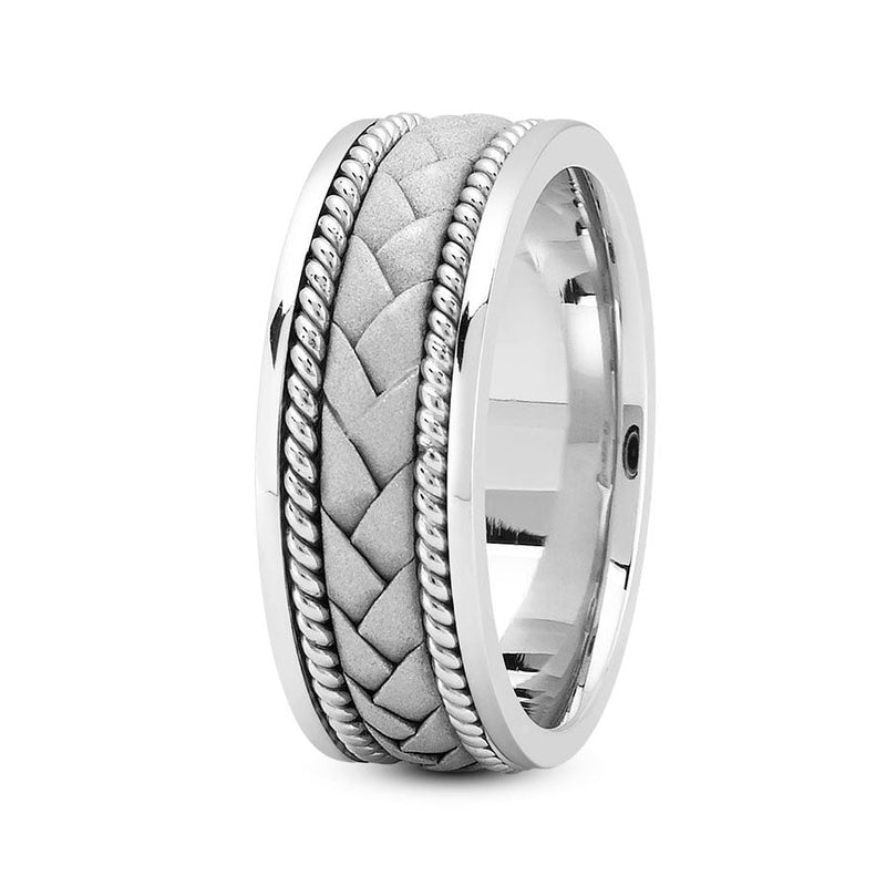 14K White gold 8mm hand made comfort fit wedding band with flat braided and rope design - DELLAFORA