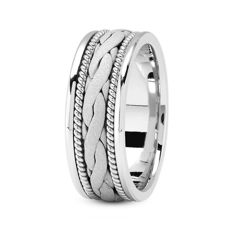 14K White gold 8mm hand made comfort fit wedding band with wide braided and rope design - DELLAFORA