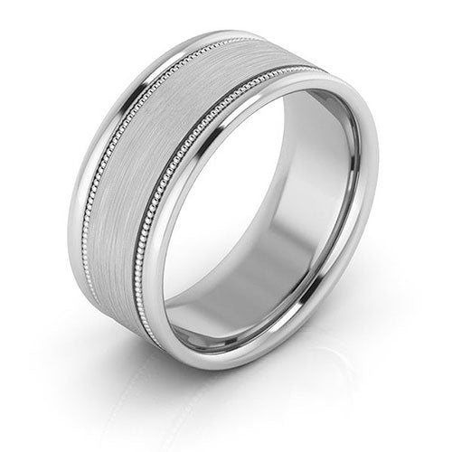 14K White Gold 8mm milgrain raised edge design brushed center comfort fit wedding band - DELLAFORA