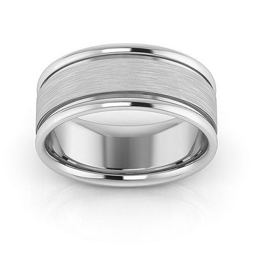 14K White Gold 8mm raised edge design brushed center comfort fit wedding band - DELLAFORA
