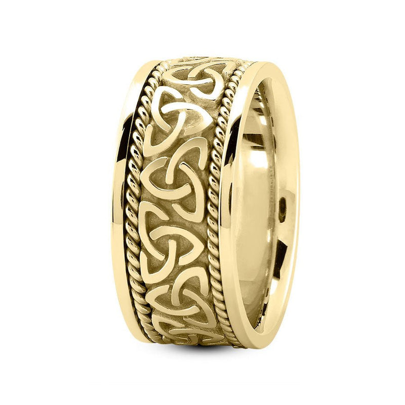 14K Yellow Gold 10mm fancy design comfort fit wedding band with celtic center and side rope design - DELLAFORA