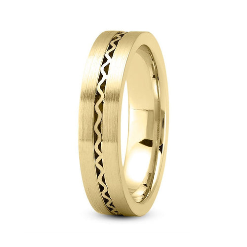 14K Yellow Gold 5mm fancy design comfort fit wedding band with center wave design - DELLAFORA