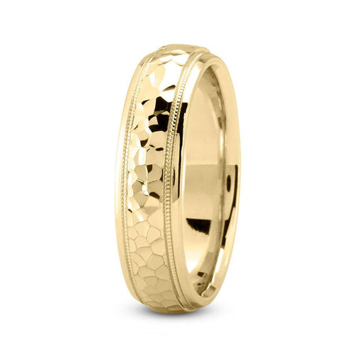 14K Yellow Gold 6mm hand made comfort fit wedding band with hammered and milgrain design - DELLAFORA