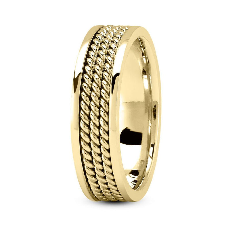 14K Yellow Gold 6mm hand made comfort fit wedding band with three ropes design - DELLAFORA