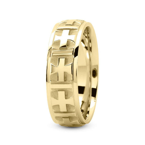14K Yellow Gold 7mm fancy design comfort fit wedding band with cross center design - DELLAFORA