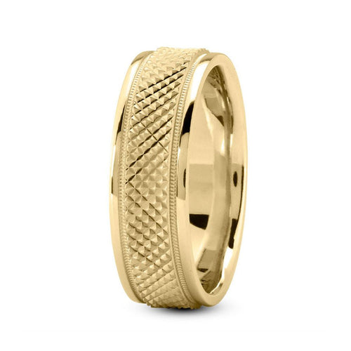 14K Yellow Gold 7mm fancy design comfort fit wedding band with fancy cut and milgrain design - DELLAFORA