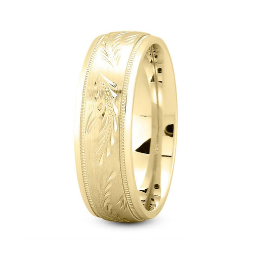 14K Yellow Gold 7mm fancy design comfort fit wedding band with fancy leaf design - DELLAFORA