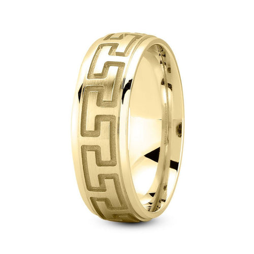 14K Yellow Gold 7mm fancy design comfort fit wedding band with greek design - DELLAFORA