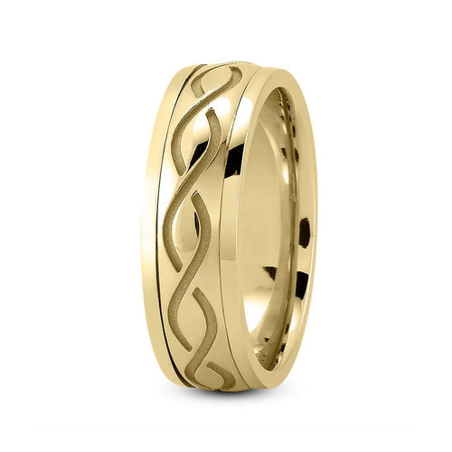 14K Yellow Gold 7mm fancy design comfort fit wedding band with grooved link design - DELLAFORA