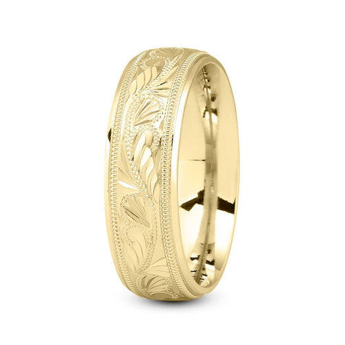 14K Yellow Gold 7mm fancy design comfort fit wedding band with leaf and milgrain design - DELLAFORA