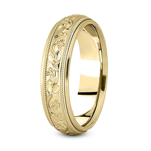 14K Yellow Gold 7mm fancy design comfort fit wedding band with leaf flower and milgrain design - DELLAFORA