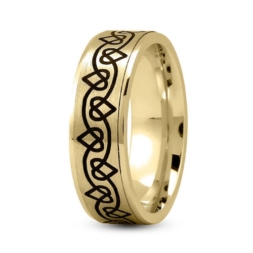 14K Yellow Gold 7mm fancy design comfort fit wedding band with linked hearts design - DELLAFORA