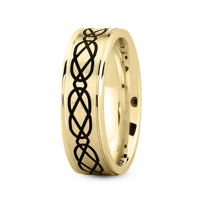 14K Yellow Gold 7mm fancy design comfort fit wedding band with linked pattern design - DELLAFORA