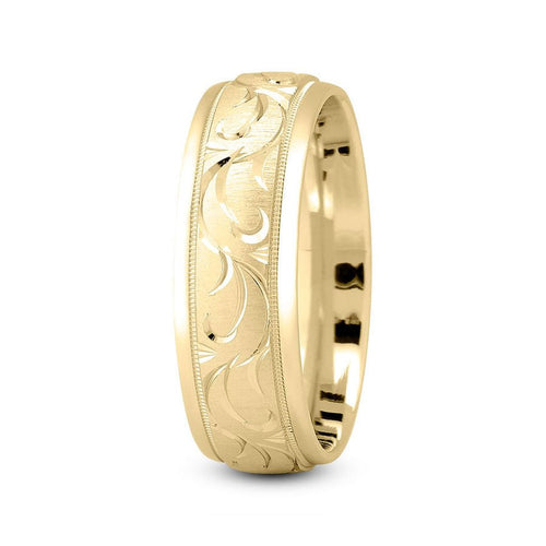 14K Yellow Gold 7mm fancy design comfort fit wedding band with paisley cut and milgrain design - DELLAFORA