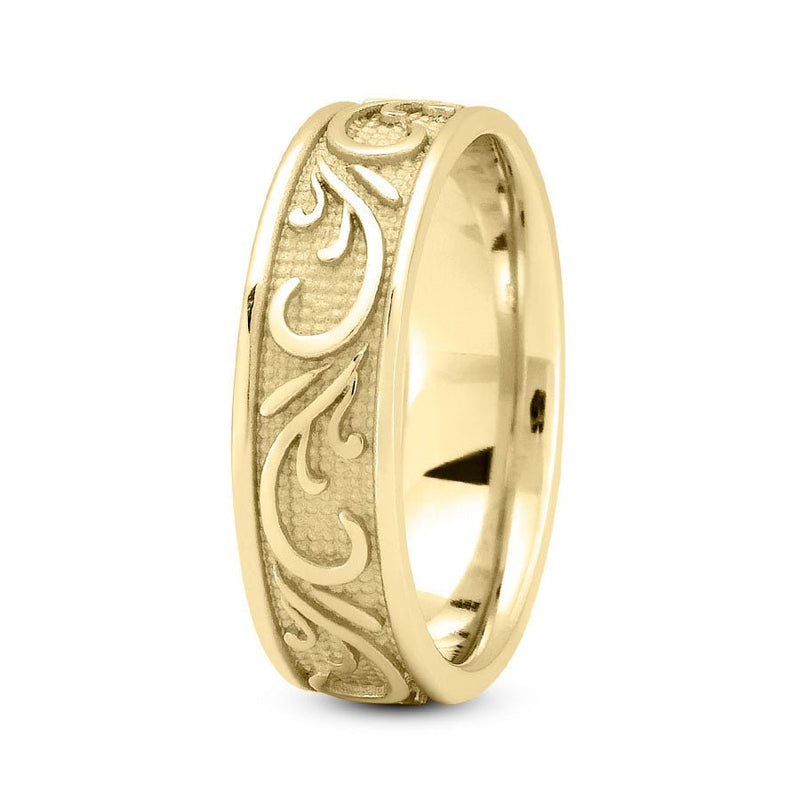14K Yellow Gold 7mm fancy design comfort fit wedding band with paisley design - DELLAFORA