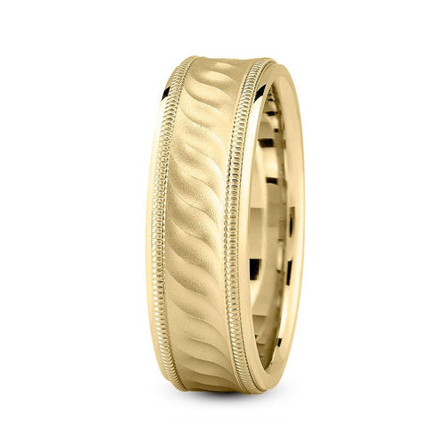 14K Yellow Gold 7mm fancy design comfort fit wedding band with wave and milgrain design - DELLAFORA