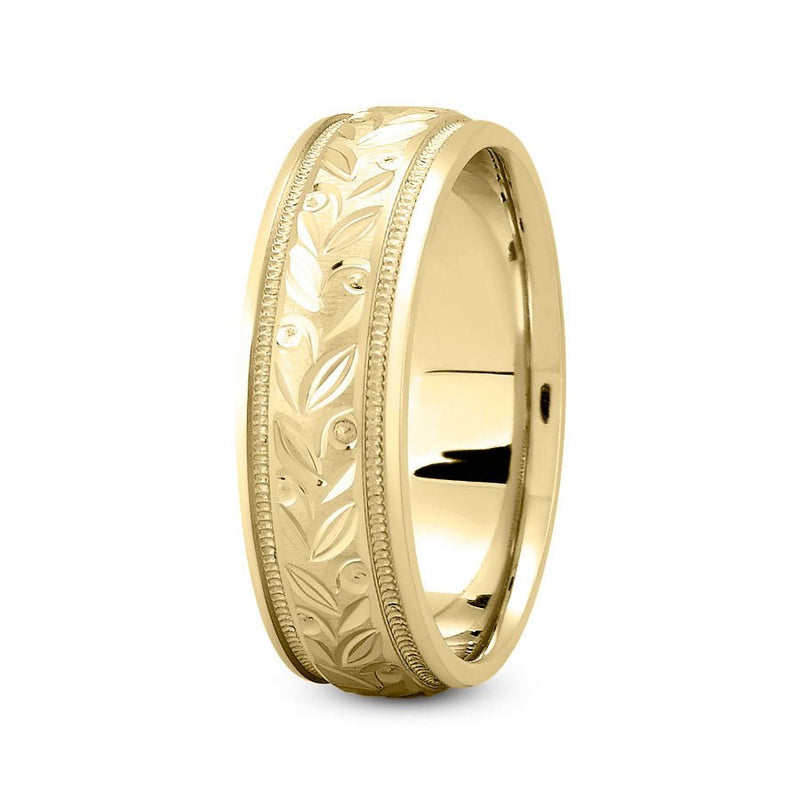 14K Yellow Gold 7mm fancy design comfort fit wedding band with wide leaf and milgrain design - DELLAFORA