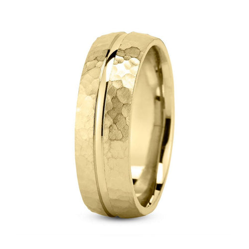14K Yellow Gold 7mm hand made comfort fit wedding band with center grooved and hammered design - DELLAFORA