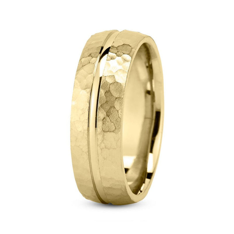 14K Yellow Gold 7mm hand made comfort fit wedding band with center grooved and hammered design - DELLAFORA