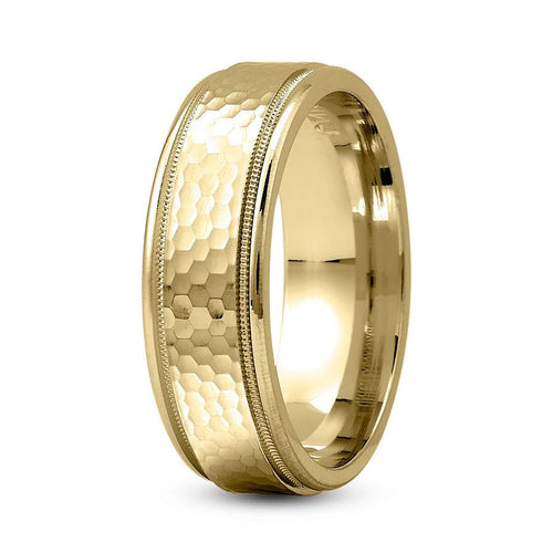 14K Yellow Gold 7mm hand made comfort fit wedding band with tiny hammered and milgrain design - DELLAFORA