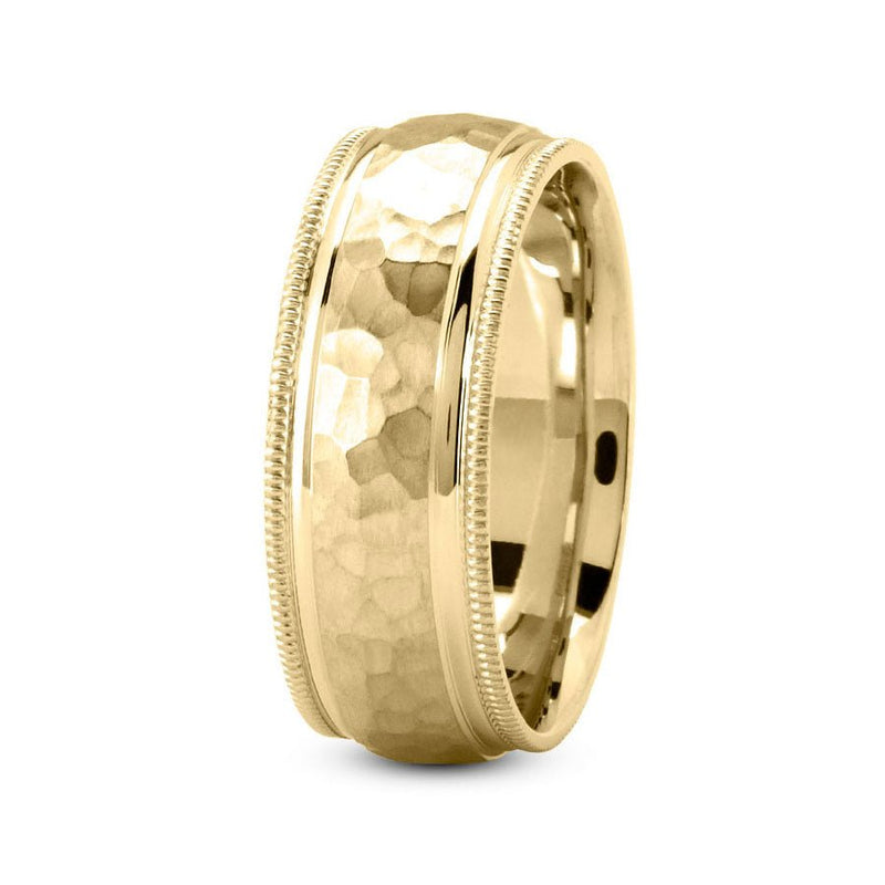 14K Yellow Gold 7mm hand made comfort fit wedding band with wide hammered and milgrain design - DELLAFORA