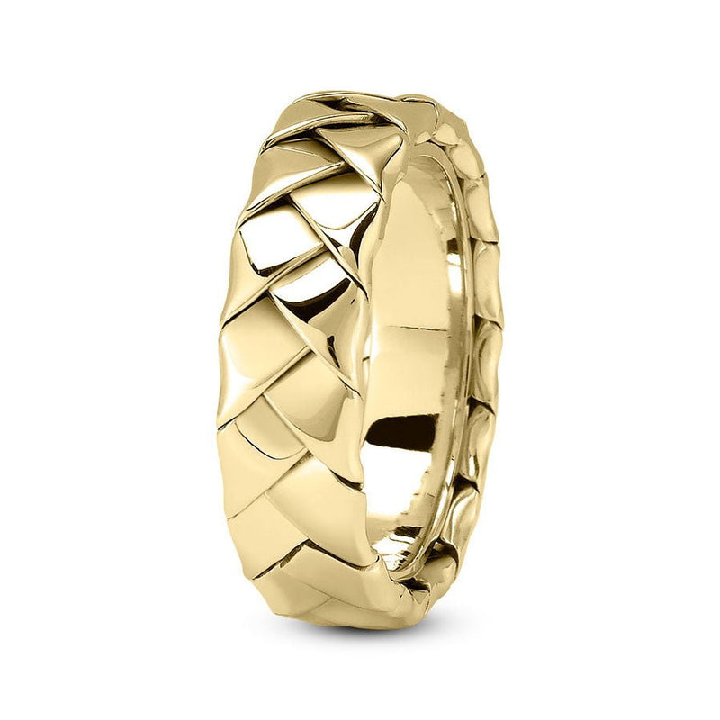14K Yellow Gold 7mm hand made comfort fit wedding band with wide woven design - DELLAFORA