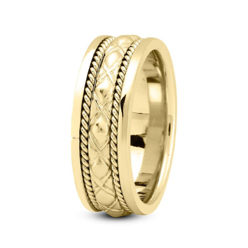 14K Yellow Gold 8mm fancy design comfort fit wedding band with cross cut and rope design - DELLAFORA