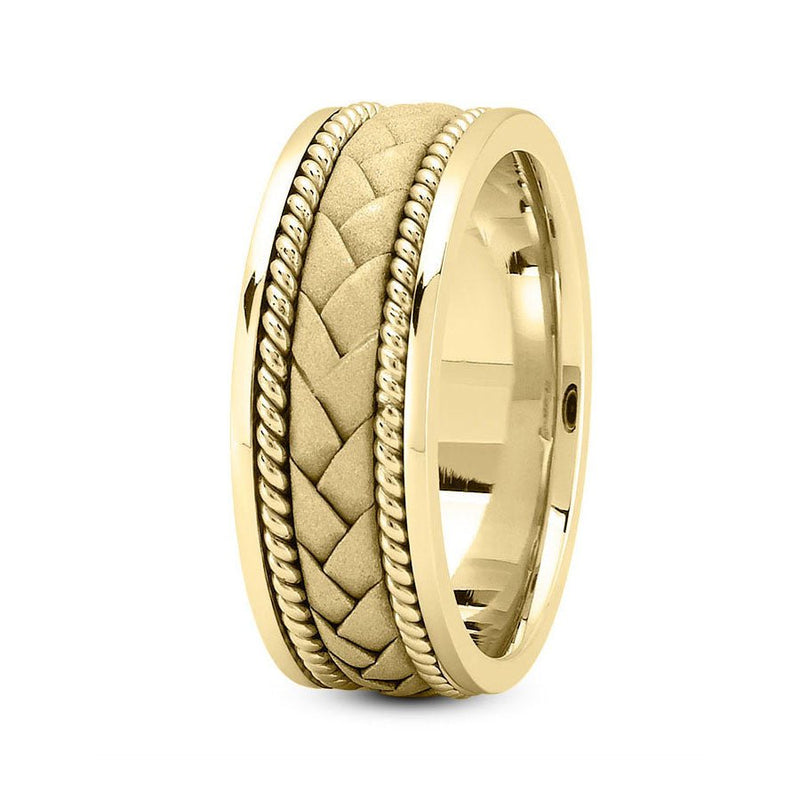 14K Yellow Gold 8mm hand made comfort fit wedding band with flat braided and rope design - DELLAFORA