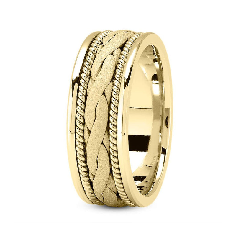 14K Yellow Gold 8mm hand made comfort fit wedding band with wide braided and rope design - DELLAFORA