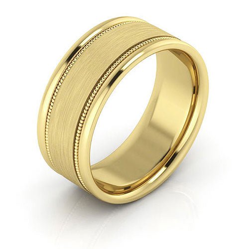 14K Yellow Gold 8mm milgrain raised edge design brushed center comfort fit wedding band - DELLAFORA