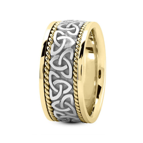 18K Two Tone Gold (White Center) 10mm fancy design comfort fit wedding band with celtic center and side rope design - DELLAFORA