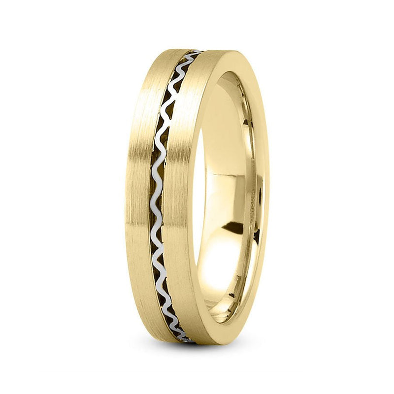 18K Two Tone Gold (White Center) 5mm fancy design comfort fit wedding band with center wave design - DELLAFORA