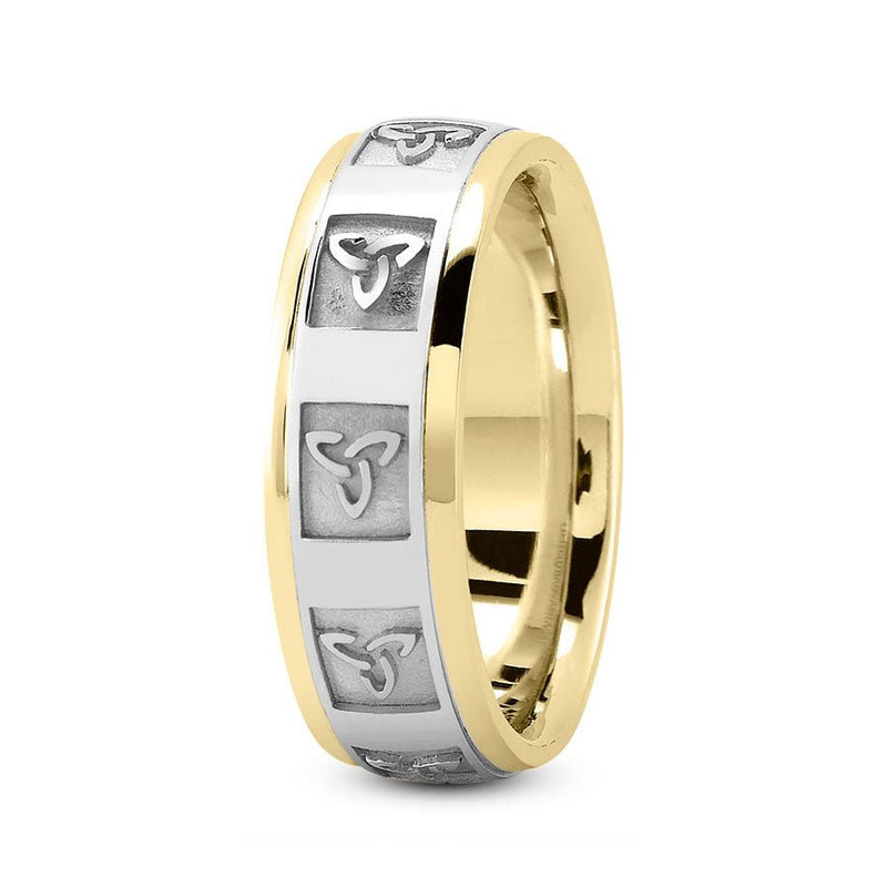 18K Two Tone Gold (White Center) 7mm fancy design comfort fit wedding band with celtic and retangular frame design - DELLAFORA