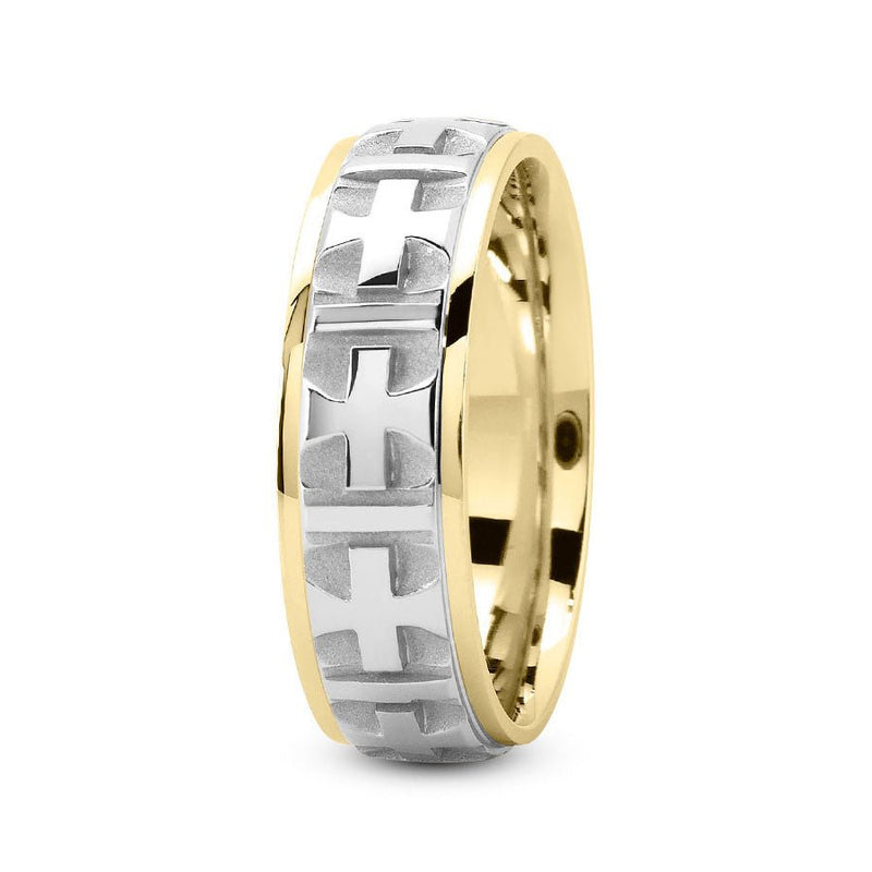 18K Two Tone Gold (White Center) 7mm fancy design comfort fit wedding band with cross center design - DELLAFORA
