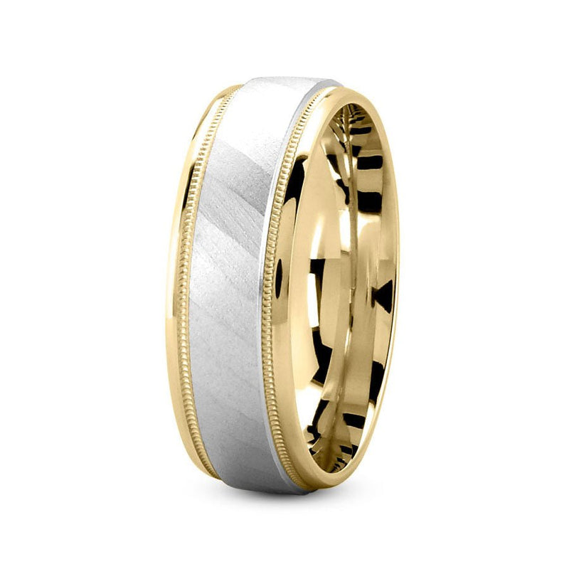 18K Two Tone Gold (White Center) 7mm fancy design comfort fit wedding band with diagonal pattern and milgrain design - DELLAFORA