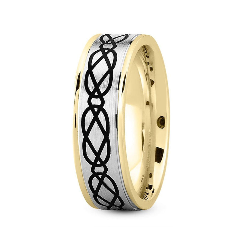 18K Two Tone Gold (White Center) 7mm fancy design comfort fit wedding band with linked pattern design - DELLAFORA