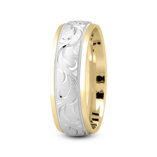 18K Two Tone Gold (White Center) 7mm fancy design comfort fit wedding band with paisley cut and milgrain design - DELLAFORA