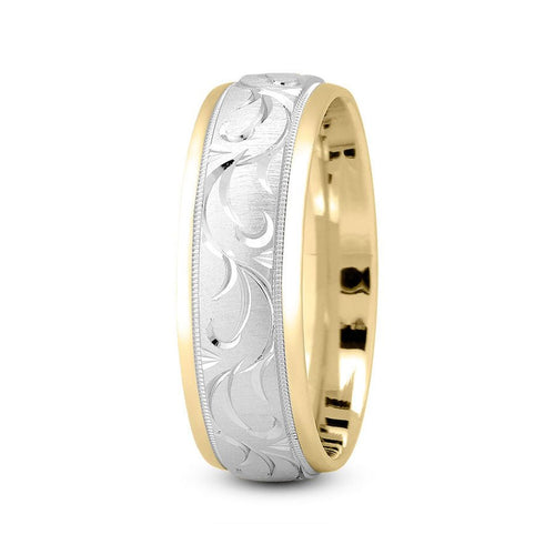 18K Two Tone Gold (White Center) 7mm fancy design comfort fit wedding band with paisley cut and milgrain design - DELLAFORA