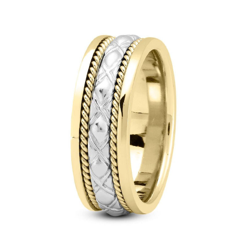 18K Two Tone Gold (White Center) 8mm fancy design comfort fit wedding band with cross cut and rope design - DELLAFORA