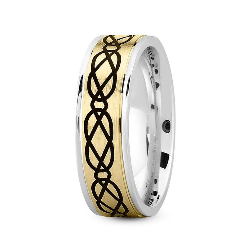 18K Two Tone Gold (Yellow Center) 7mm fancy design comfort fit wedding band with linked pattern design - DELLAFORA