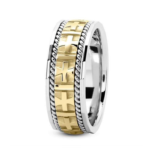 18K Two Tone Gold (Yellow Center) 8mm fancy design comfort fit wedding band with cross and rope design - DELLAFORA