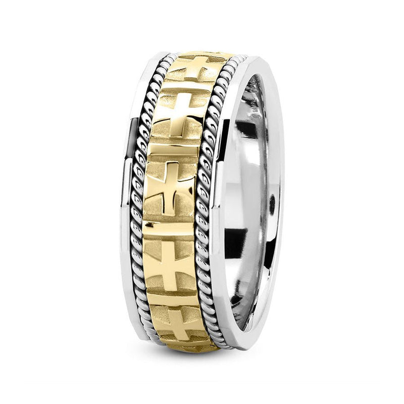 18K Two Tone Gold (Yellow Center) 8mm fancy design comfort fit wedding band with cross and rope design - DELLAFORA