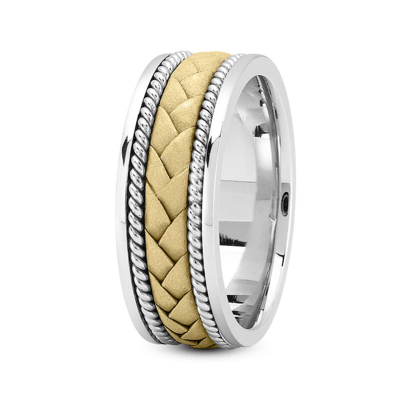 18K Two Tone Gold (Yellow Center) 8mm hand made comfort fit wedding band with flat braided and rope design - DELLAFORA