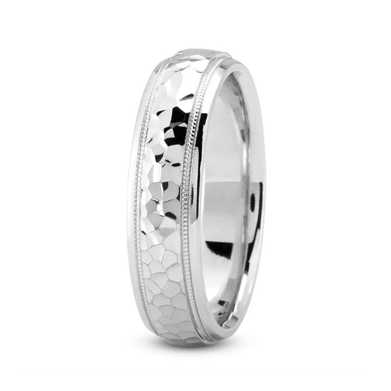 18K White gold 6mm hand made comfort fit wedding band with hammered and milgrain design - DELLAFORA
