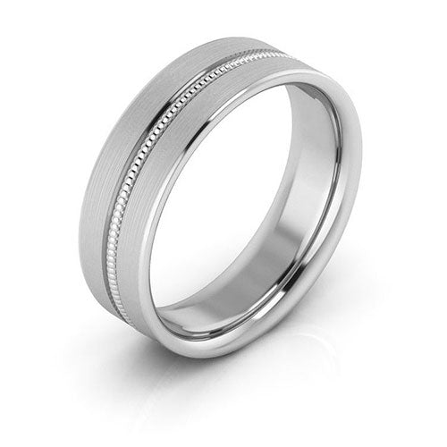 18K White Gold 6mm milgrain grooved design brushed comfort fit wedding band - DELLAFORA