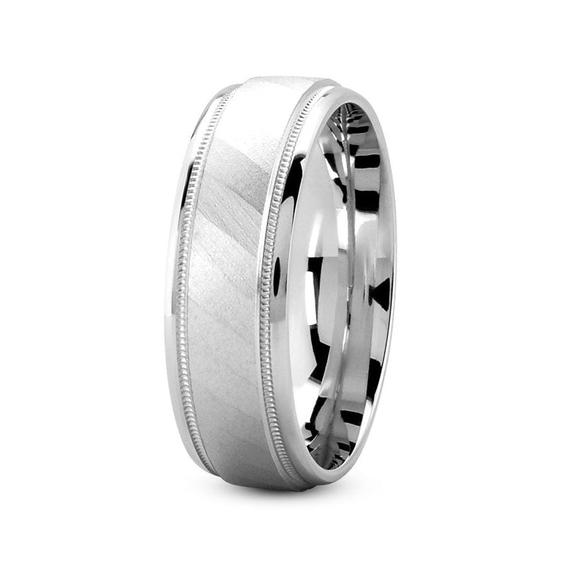 18K White gold 7mm fancy design comfort fit wedding band with diagonal pattern and milgrain design - DELLAFORA