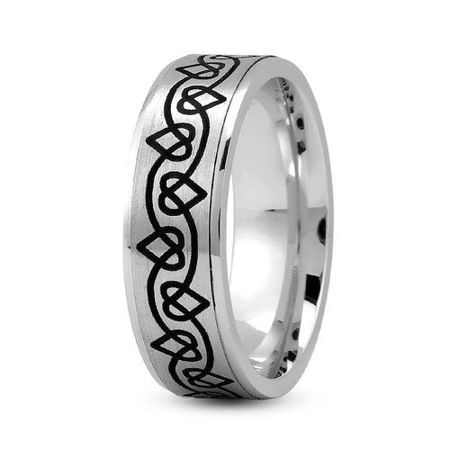 18K White gold 7mm fancy design comfort fit wedding band with linked hearts design - DELLAFORA