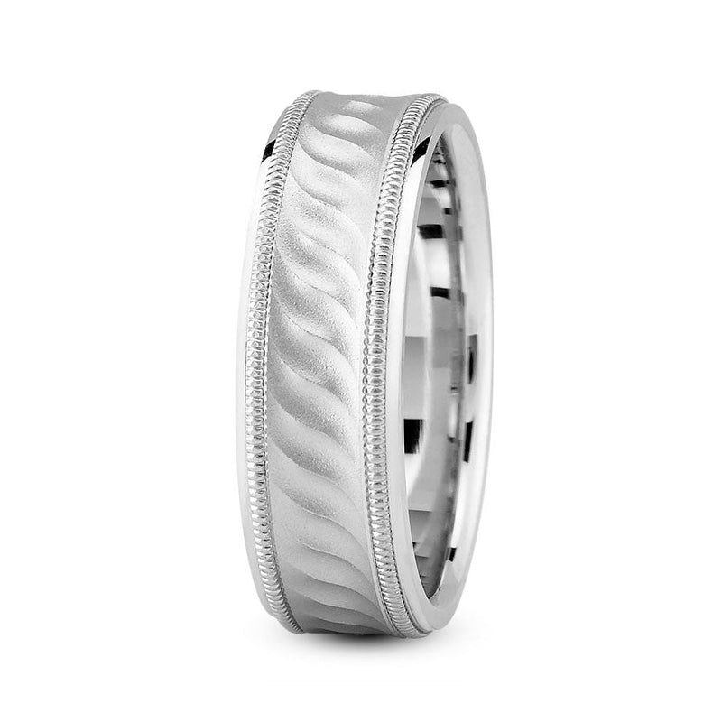 18K White gold 7mm fancy design comfort fit wedding band with wave and milgrain design - DELLAFORA