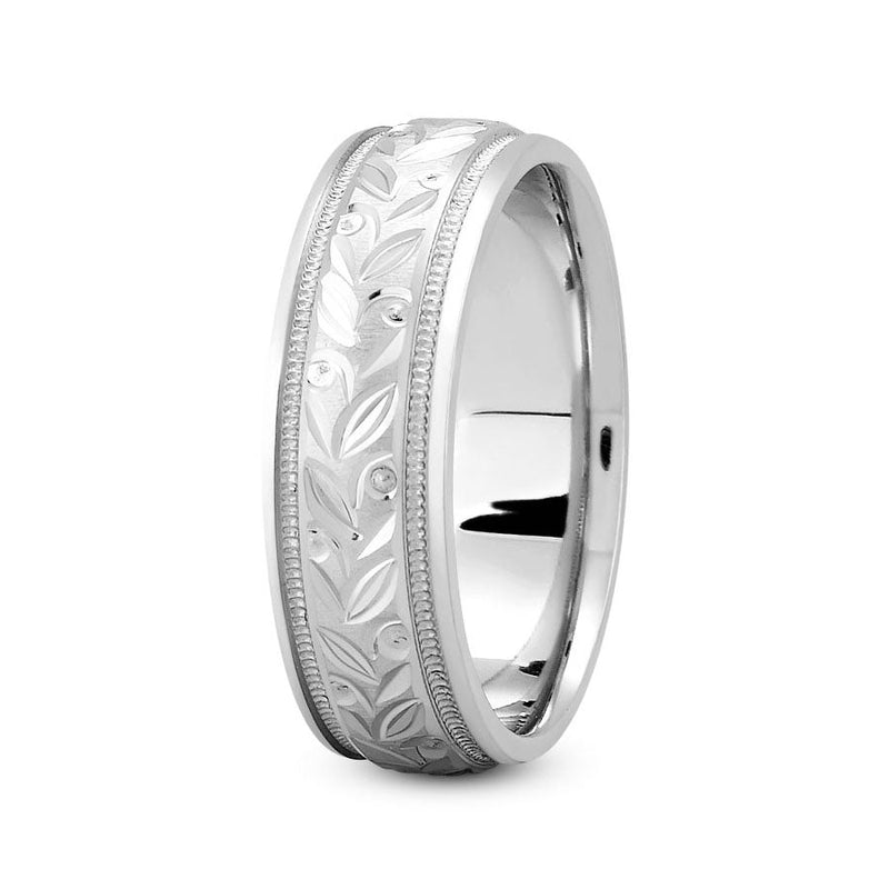 18K White gold 7mm fancy design comfort fit wedding band with wide leaf and milgrain design - DELLAFORA