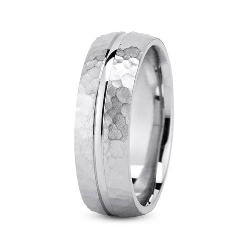 18K White gold 7mm hand made comfort fit wedding band with center grooved and hammered design - DELLAFORA
